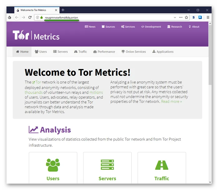 Сайт Tor Metrics как видно в браузере Tor Browser