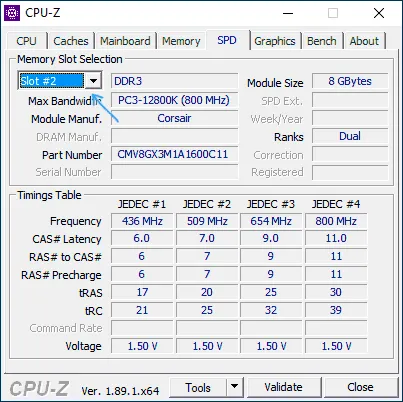 Просмотр информации об установленной оперативной памяти в CPU-Z