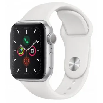 Apple Watch Series 5, 44 мм, алюминиевый корпус серебристого цвета, белый спортивный ремешок