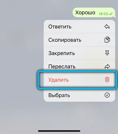 Удаление сообщения Telegram на iPhone