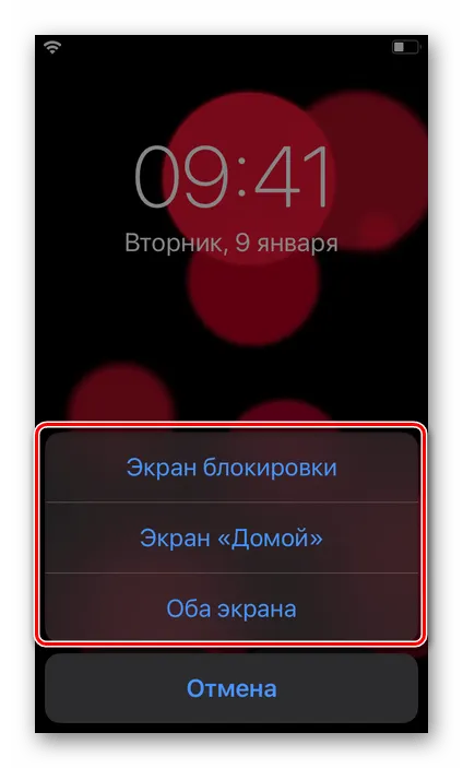 Выбор способа установки живых обоев в настройках iPhone iOS