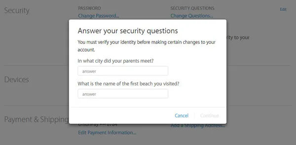 Ответ на секретный вопрос перед изменением пароля Apple ID