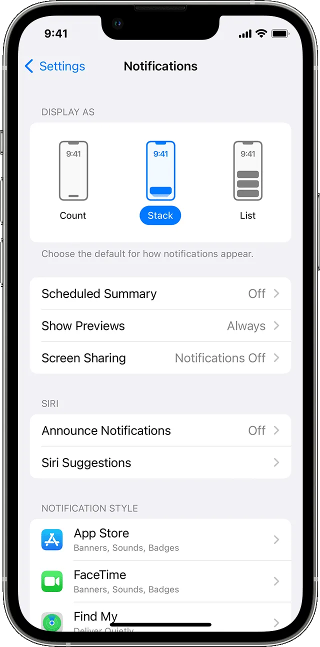 Экран iPhone, на котором показаны настройки уведомлений с выбранным вариантом отображения «Стопка».