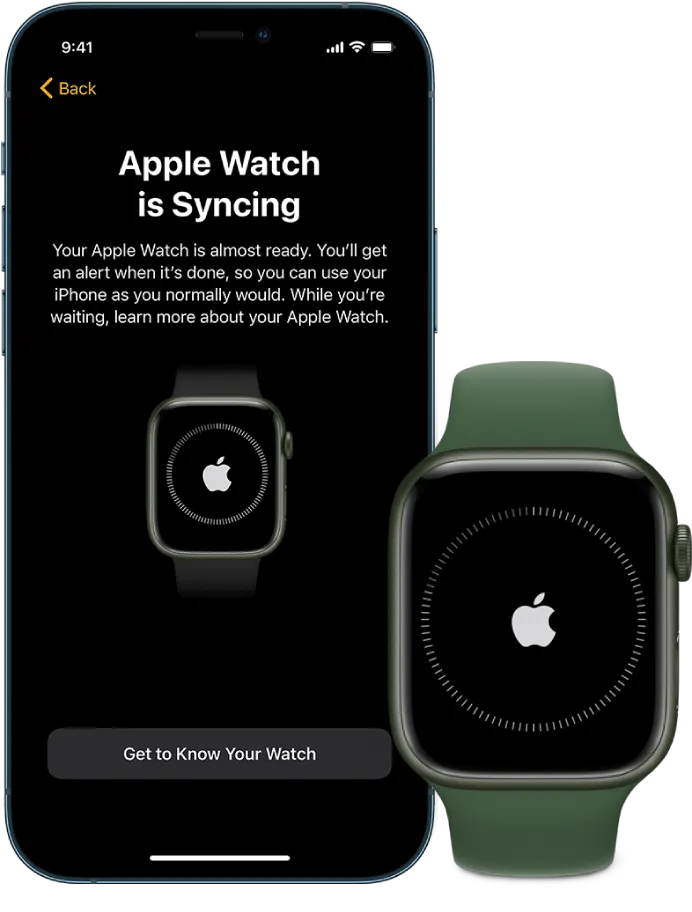 iPhone и Apple Watch с экранами синхронизации.