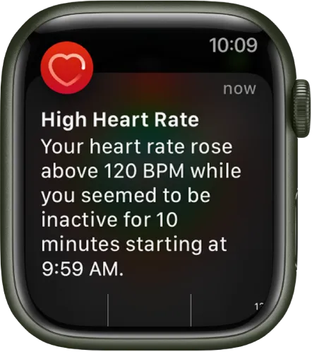 Экран «Высокий пульс» с уведомлением о том, что Ваш пульс превысил 120 ударов в минуту, хотя Вы находились в состоянии покоя в течение 10 минут.