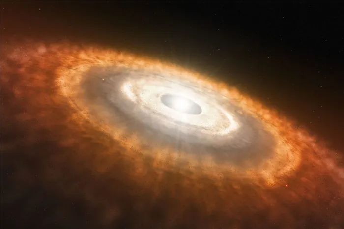 Художественная интерпретация ранней Солнечной системы, где столкновение между частичками в аккреционном диске привело к формированию планет