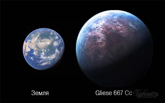 Сравнительные размеры Земли и планеты Gliese 667 Cc