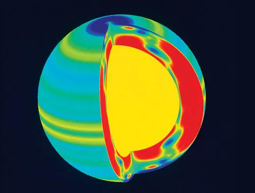 Солнце вращается вокруг своей оси, однако не как единое целое. На рисунке – компьютерная модель, составленная на основе данных доплеровского измерения скорости вращения отдельных участков Солнца, собранных космической обсерваторией SOHO (Solar Heliospheric Observatory). Цвет обозначает скорость вращения (в порядке убывания: красный, желтый, зеленый, синий). Участки горячей плазмы, перемещающиеся с различными скоростями, образуют «ленты», на границах которых возникают возмущения локальных магнитных полей, в результате чего именно здесь чаще всего и возникают солнечные пятна. Изображение «Популярная механика»