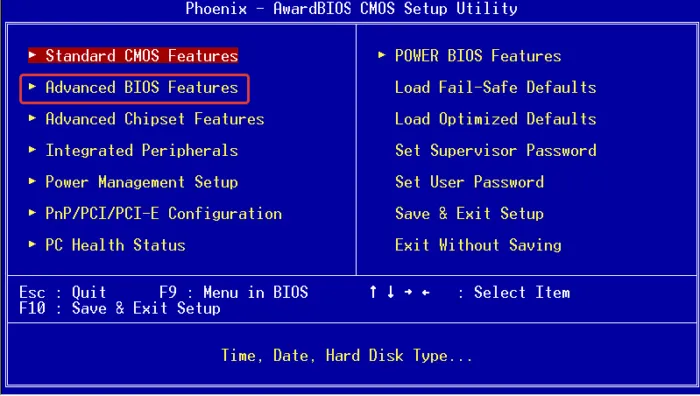 Переходим с помощью стрелок в пункт меню «Advanced BIOS Futures», нажимаем «Enter»