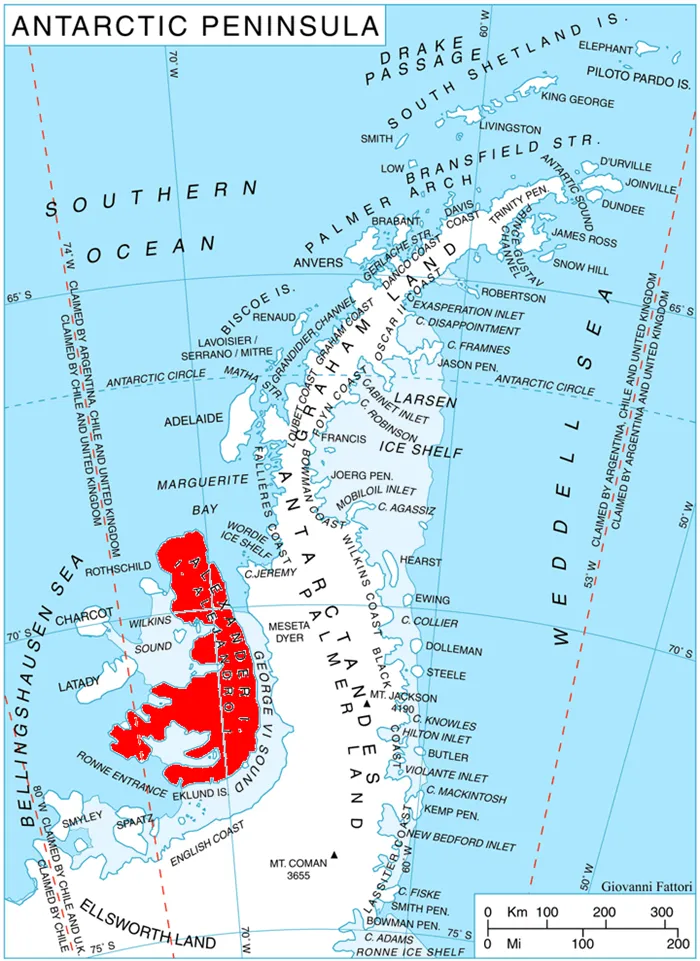 Земля Александра I отмечена на карте красным