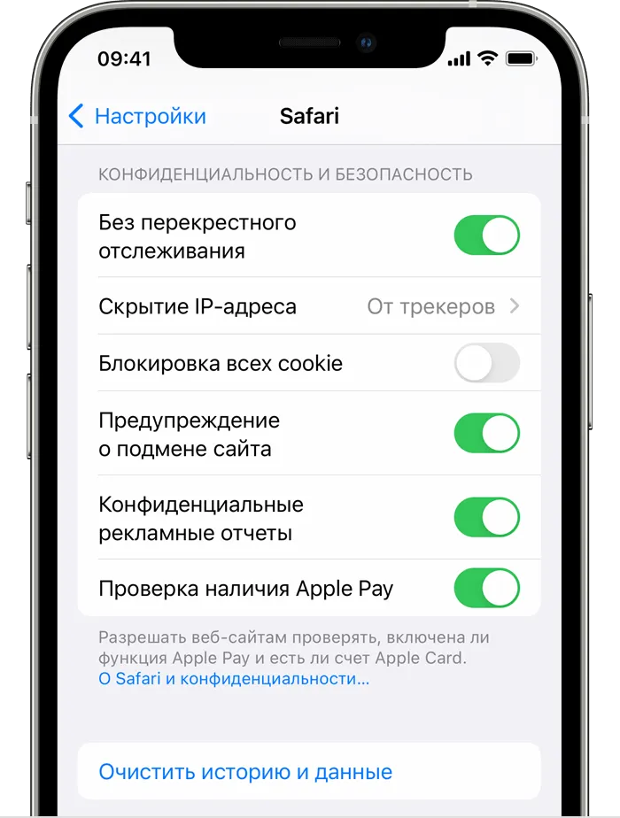 Экран iPhone, на котором показан пункт «Очистить историю и данные» в разделе Safari приложения «Настройки».