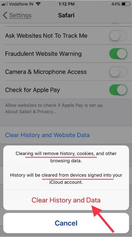нажмите на подтвердить очистить историю и данные в браузере iPhone iPad Safari