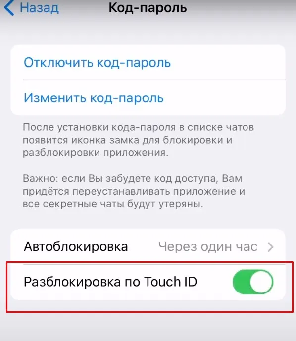 Блокировка Телеграмм по Touch ID