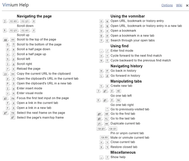 Сочетания клавиш Vimium