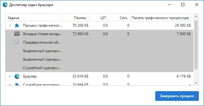 Диспетчер задач браузера Microsoft Edge