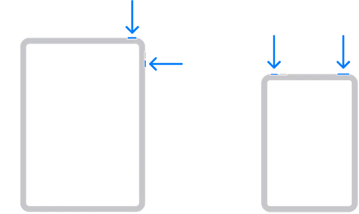 Рисунки моделей iPad, иллюстрирующие расположение верхней кнопки и кнопок регулировки громкости