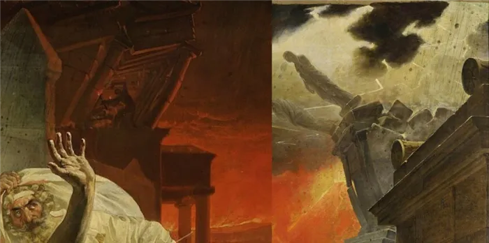 Слева: К. Брюллов. Последний день Помпеи. Разрушающийся храм. Справа: К. Брюллов. Последний день Помпеи. Падающие статуи