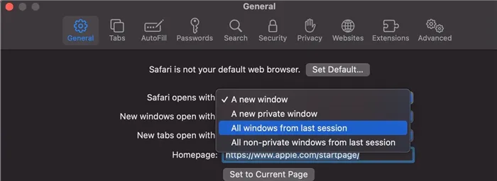отображение параметров в Safari открывается с меню на Mac