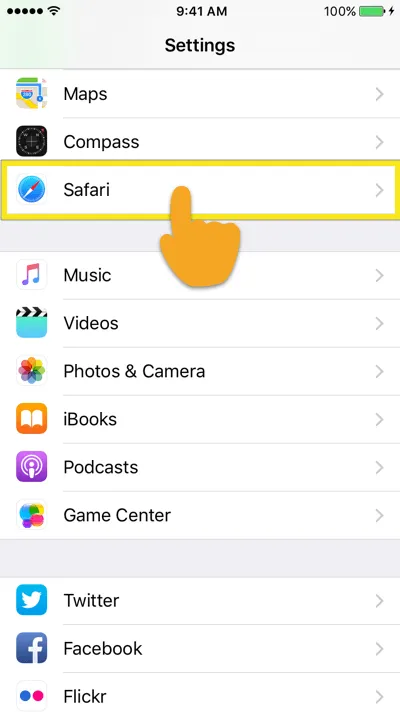 нажмите на сафари в настройках