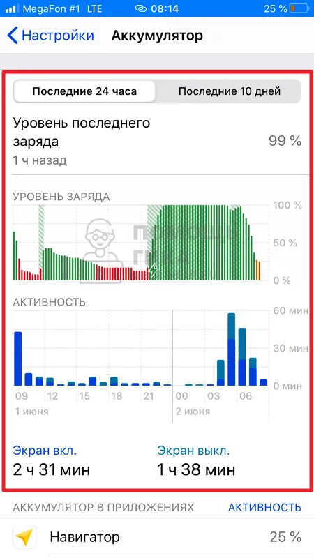 Следить за потреблением заряда аккумулятора - шаг 2