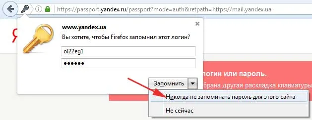 Отказываемся от сохранения пароля 