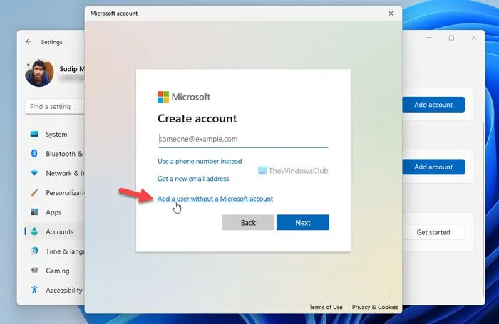 Переход к данным учетной записи Windows 11